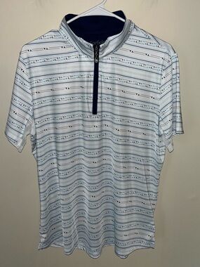 San Soleil Men’s Short Sleeve Golf Polo Shirt White Blue Stripe Size XL EUC